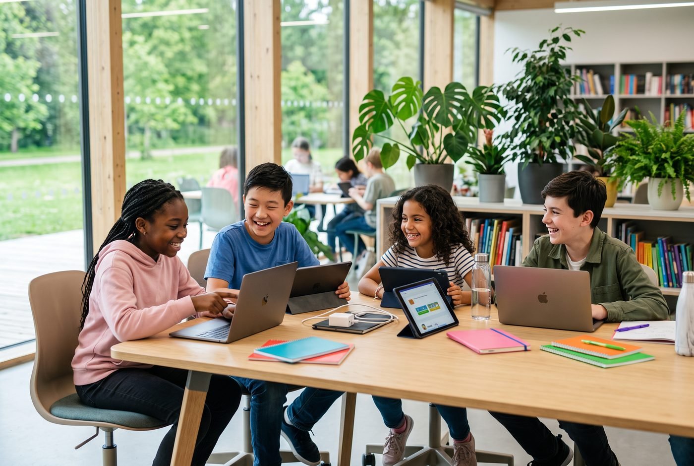 Four children of different backgrounds learning together with laptops in a bright modern space