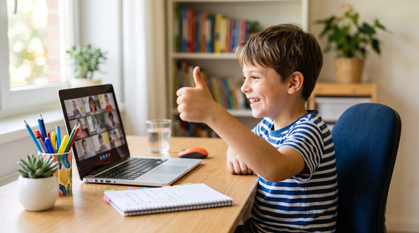 Boy giving a thumbs up during his online class