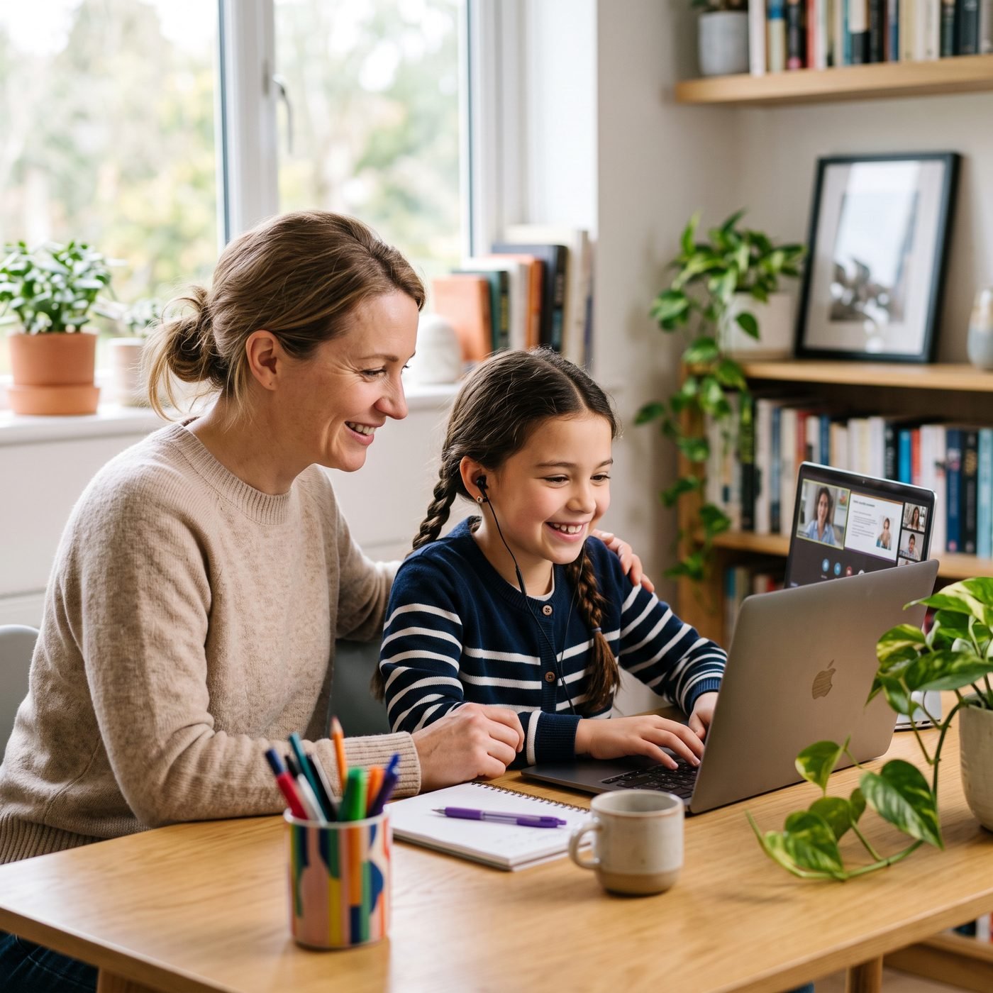 Mother and daughter smiling at a laptop during an online lesson