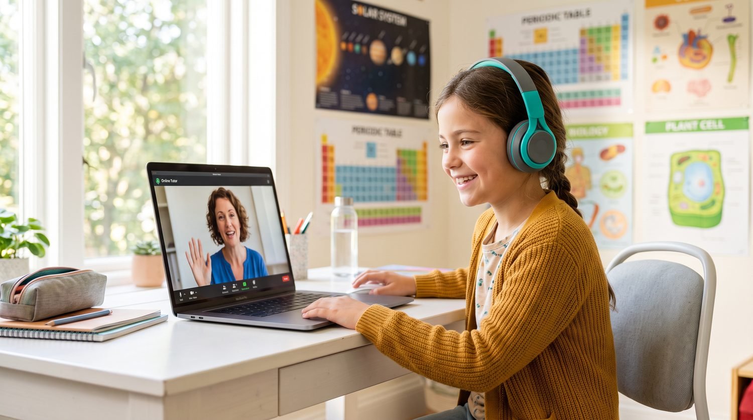 Girl wearing headphones attending a live online class on a laptop