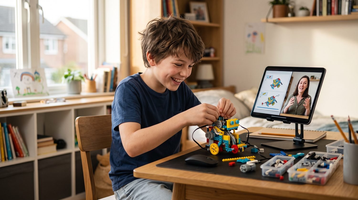 Boy building a robot while following an online robotics teacher on a tablet