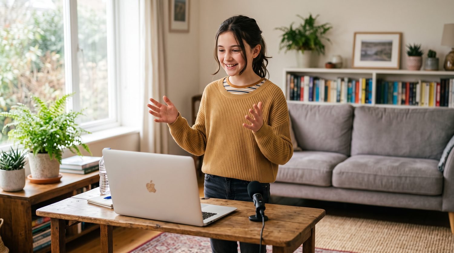 Girl practising public speaking to her laptop camera
