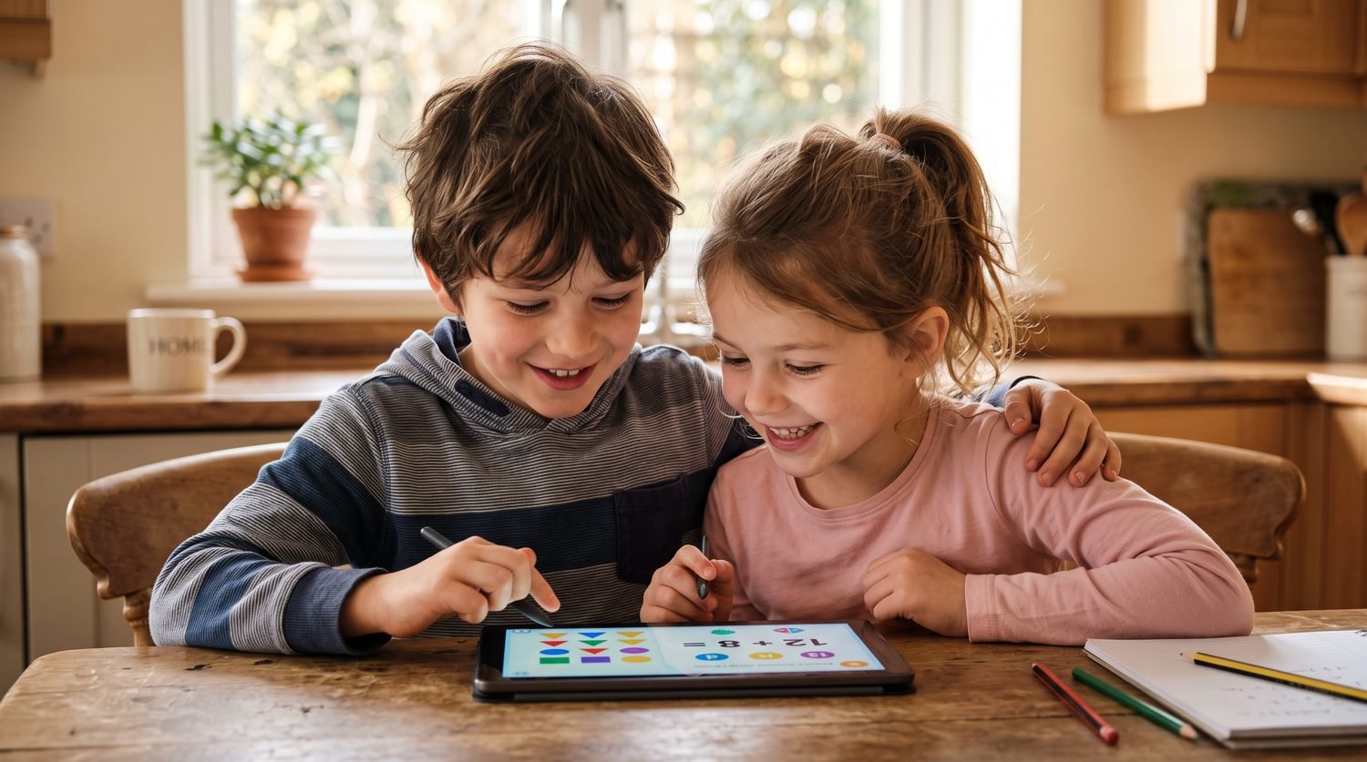 Two children sharing a tablet during an online maths lesson
