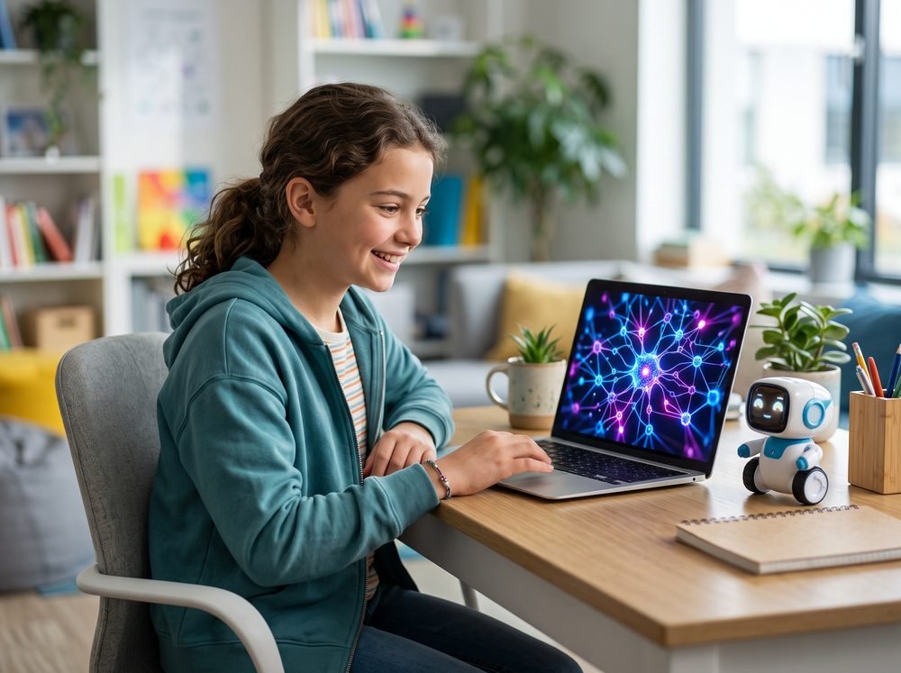 Girl viewing a neural network diagram on a laptop