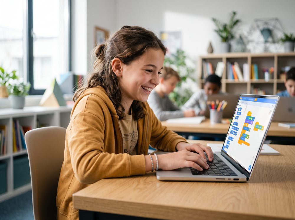 Girl coding on a laptop with colourful block code on screen
