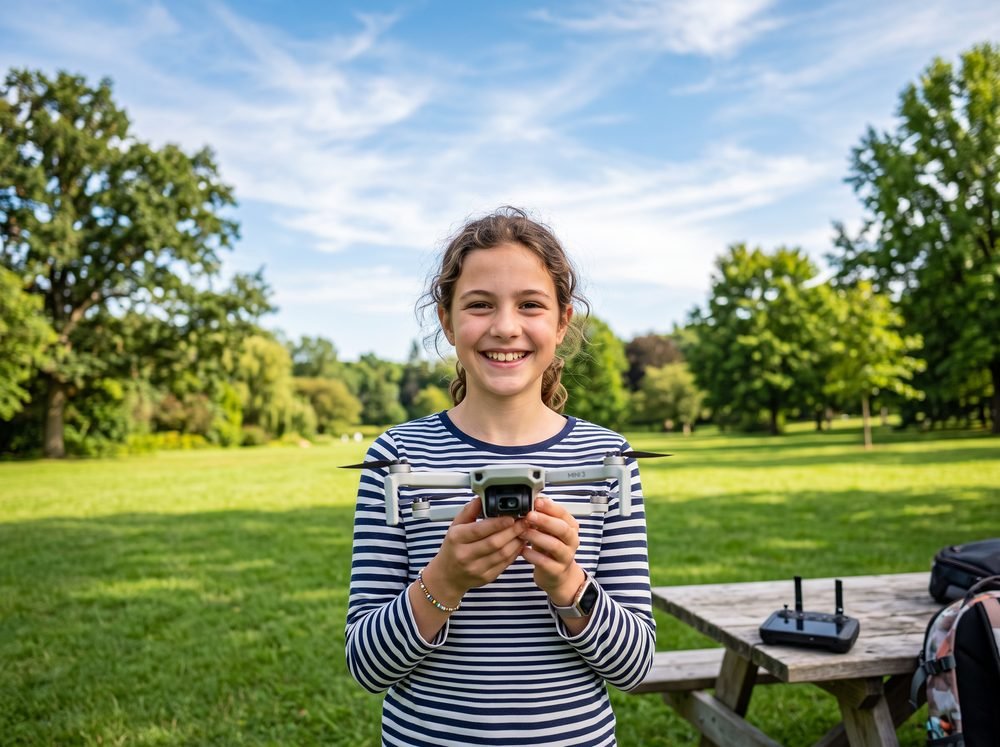 Girl holding a quadcopter drone outdoors
