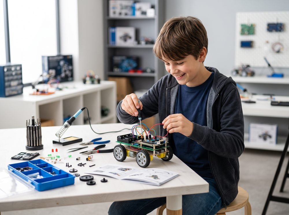 Child assembling a robot with circuit boards and wires