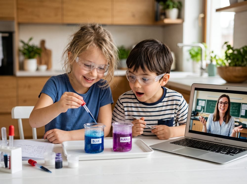Children doing a colourful science experiment with beakers