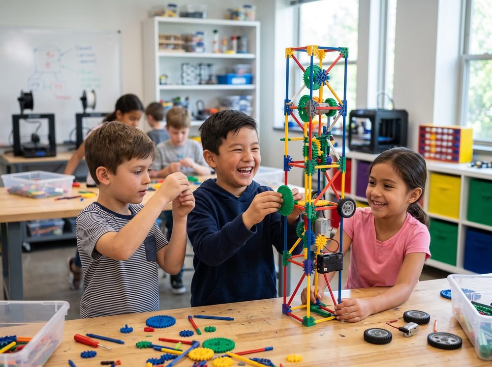 Children building a structure with rods and gears